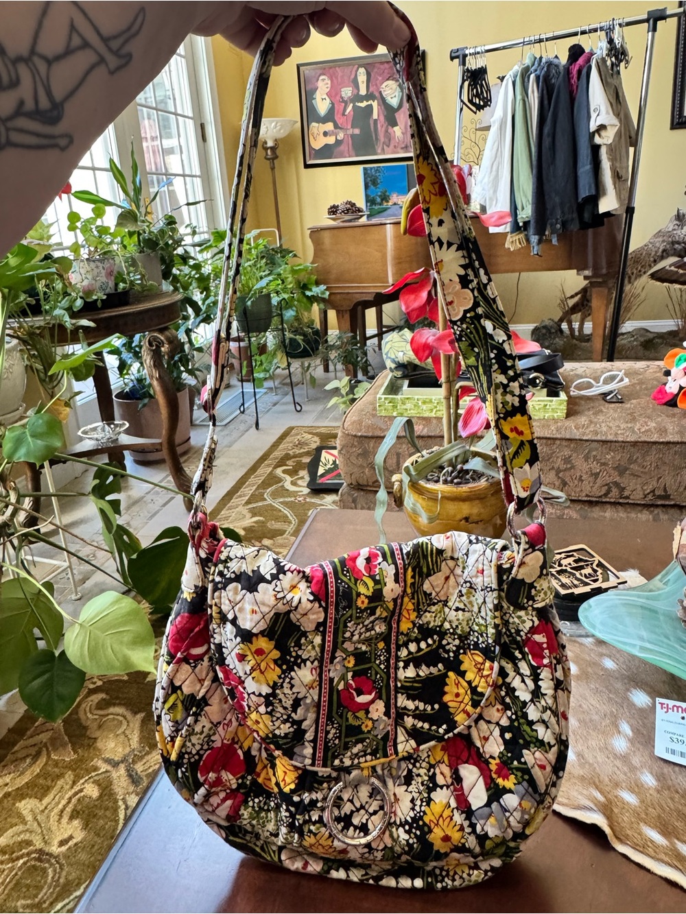 Vera Bradley Black Quilted Floral Crossbody Bag with Pink and Yellow Accents